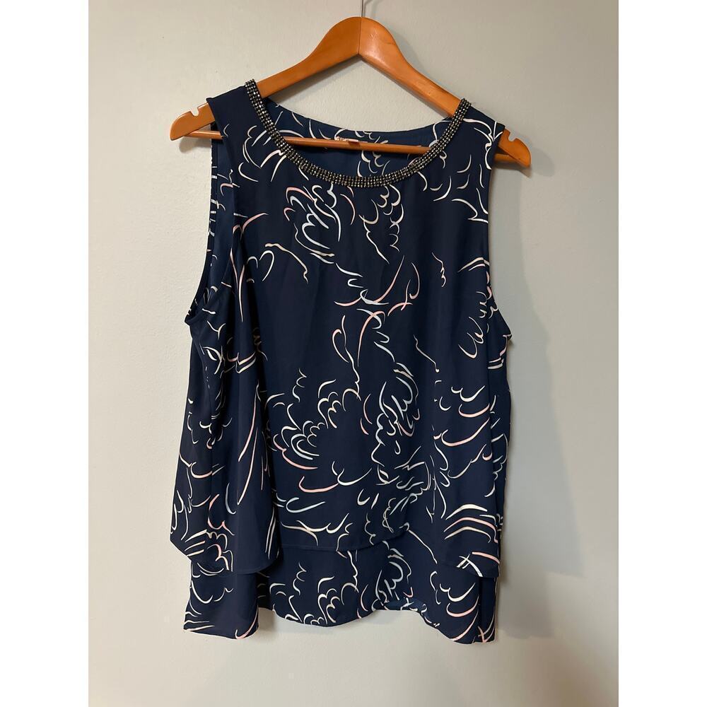 Womens Size XL Juicy Couture Blouse Blue Geometric Sleeveless Rhinestone